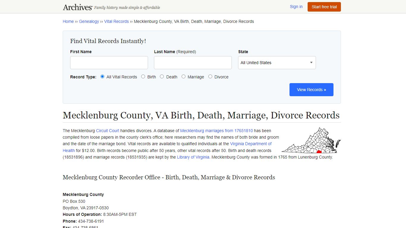 Mecklenburg County, VA Birth, Death, Marriage, Divorce Records